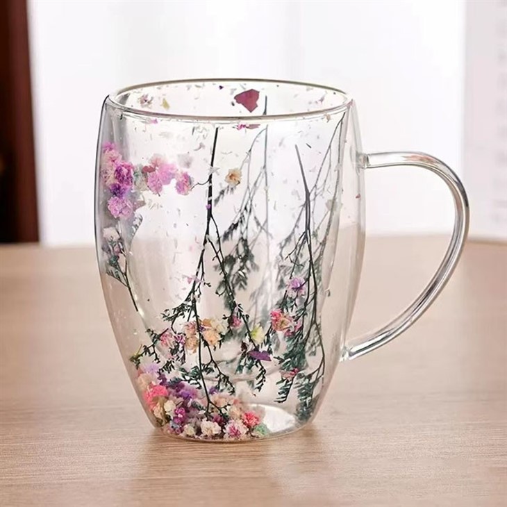 Double Wall Drinking Glass With Dried Flower,11 OZ Coffee Glass