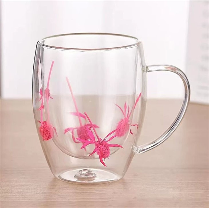 Double Wall Drinking Glass With Dried Flower,11 OZ Coffee Glass